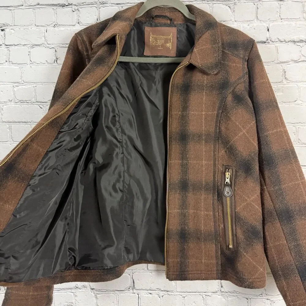 Ruff Hewn Full Zip Jacket Wool Blend Elbow Patch Womens L Brown Plaid Zip Pocket - Picture 3 of 13